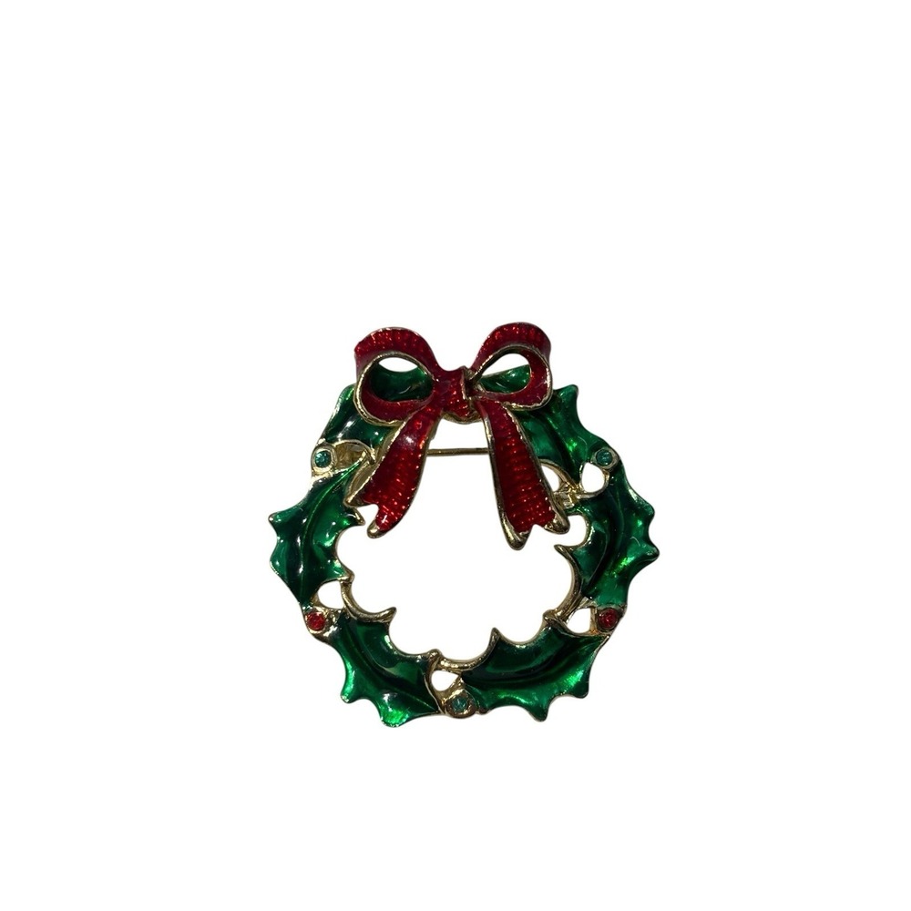 Vintage Gold Tone Enamel Rhinestone Christmas Holiday Wreath Ribbon Brooch Pin